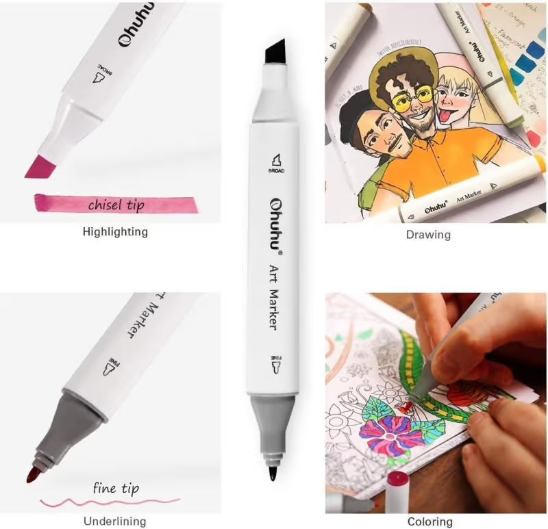Ohuhu Alcohol based Art markers Fine & chisel – set van 160 + Blender + etui