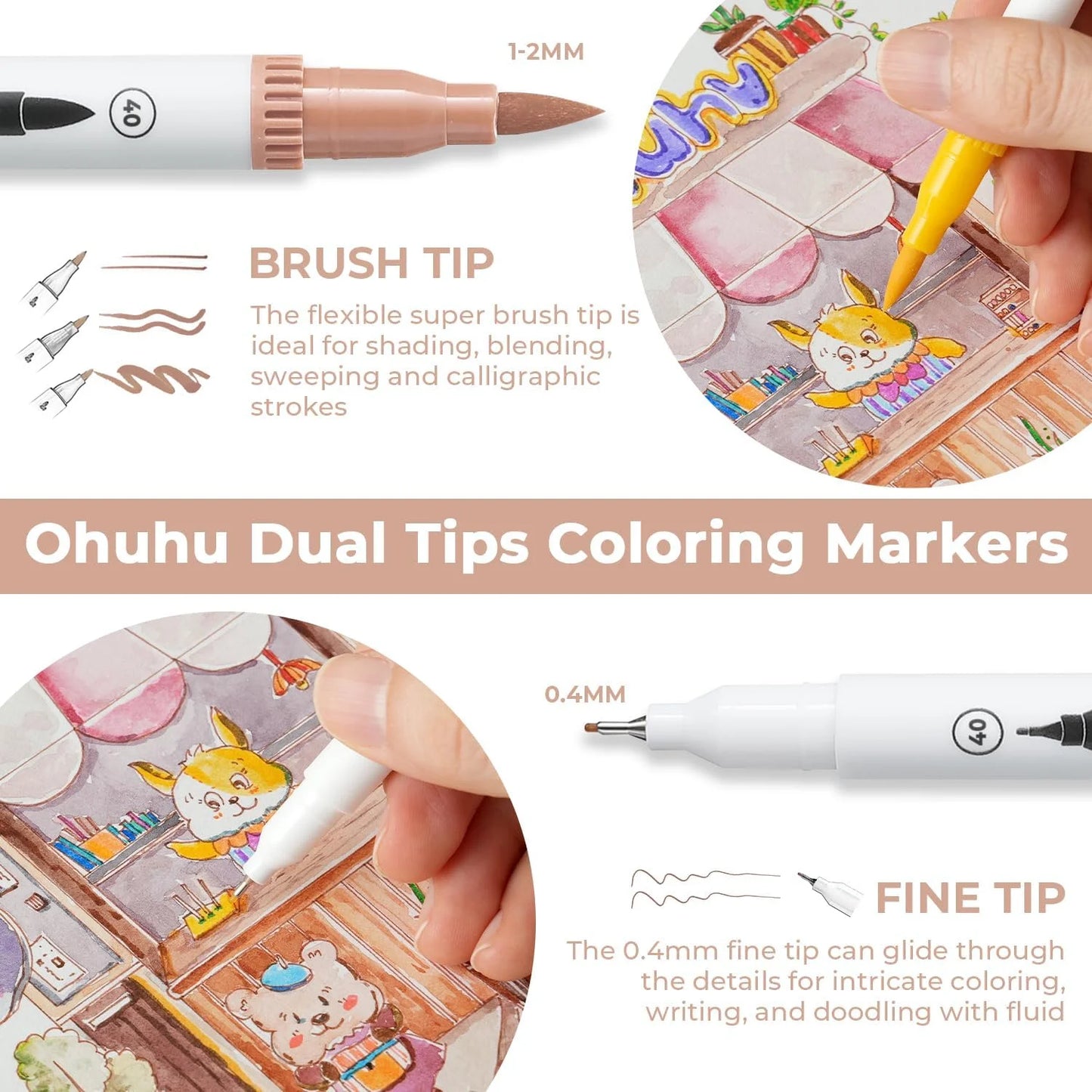 Ohuhu Dual Tip Brush markers – waterbasis – set van 100 + opbergbox Light Turquoise