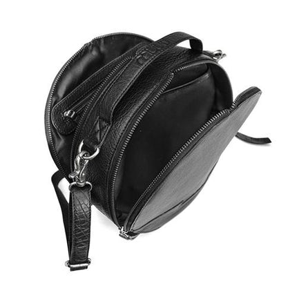 MUUD - Bella. Handgemaakt leren ronde schoudertas Ø23x9cm - kleur black