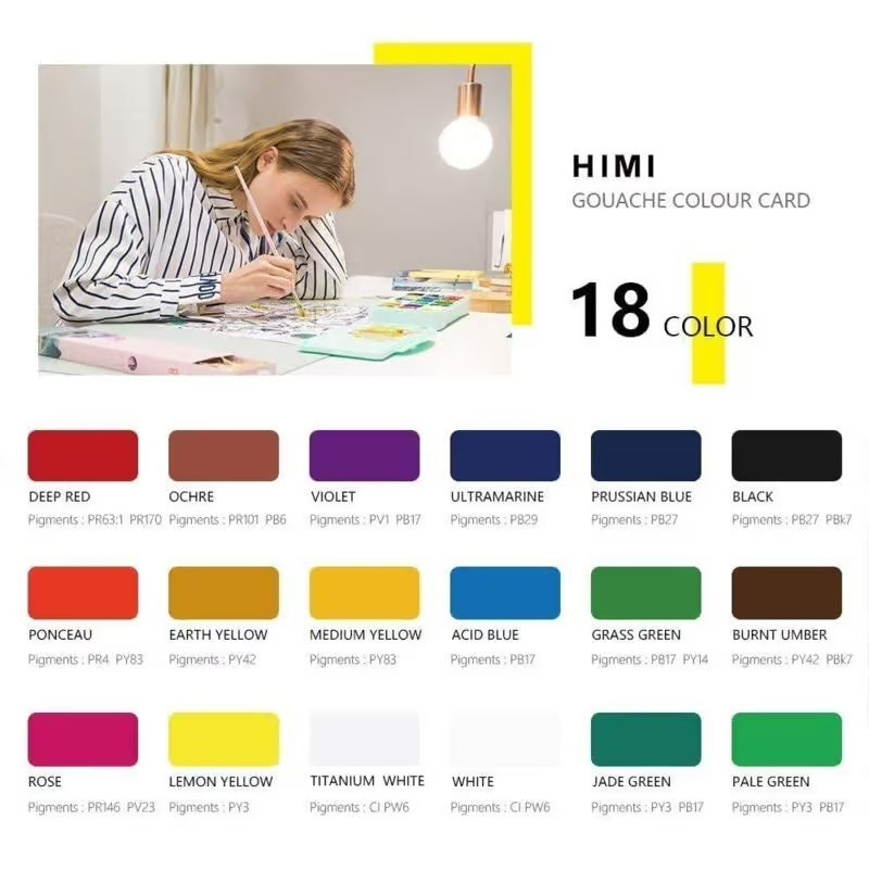 HIMI Gouache – set van 18 kleuren x 30ml – in kunststof opbergbox groen