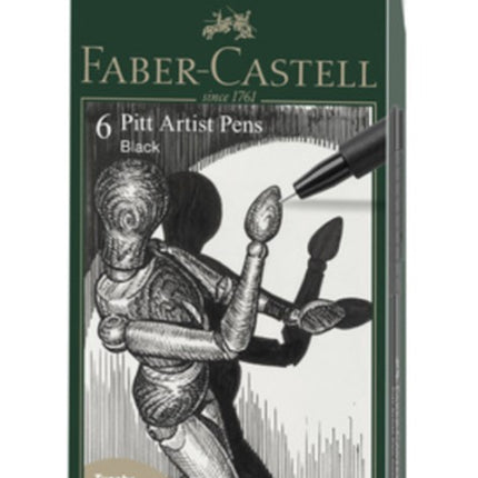 Faber-Castell - Tekenstift Pitt Artist Pen - etui 6 stuks - zwart - lijndiktes: XXS, XS, S, F, M, 1.5