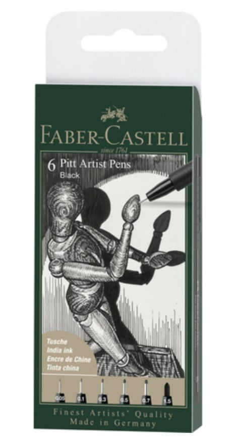 Faber-Castell - Tekenstift Pitt Artist Pen - etui 6 stuks - zwart - lijndiktes: XXS, XS, S, F, M, 1.5