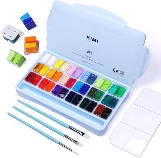 HIMI Gouache – set van 36 kleuren 12g – Twin split cups – Ice Blue + 3 penselen