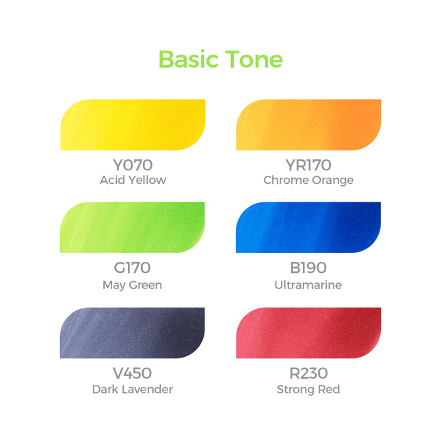 Ohuhu Alcohol based Art markers Brush &amp; chisel – Basic-tone set of 6