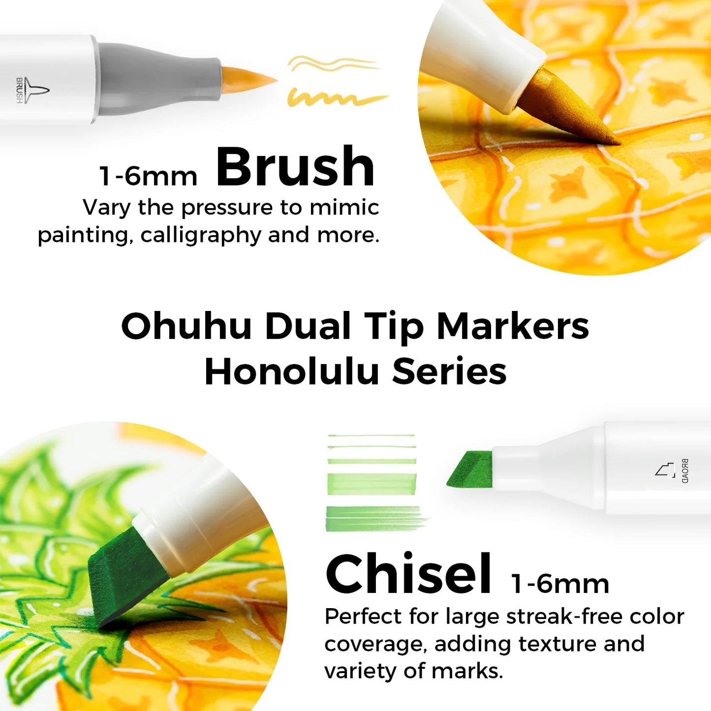 Ohuhu Alcohol based Art markers Brush & chisel – Basic-tone set van 6