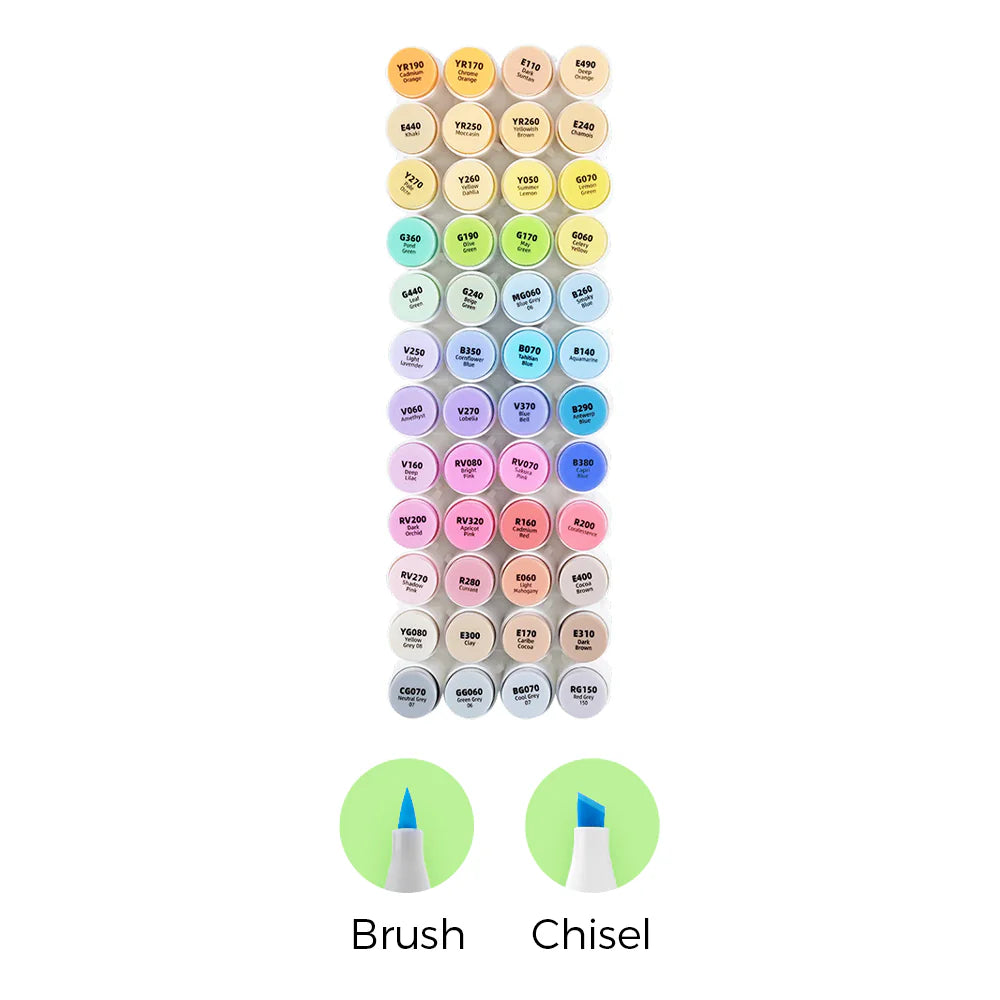 PRE-ORDER - Ohuhu Alcohol based Art markers Brush & chisel – Mid-tone set van 48 + Blender