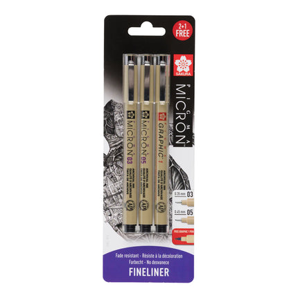 Sakura - Blisterkaart Pigma Micron 3 stuks: 03 0,35 mm / 05 0,45 mm / Gratis Graphic Zwart