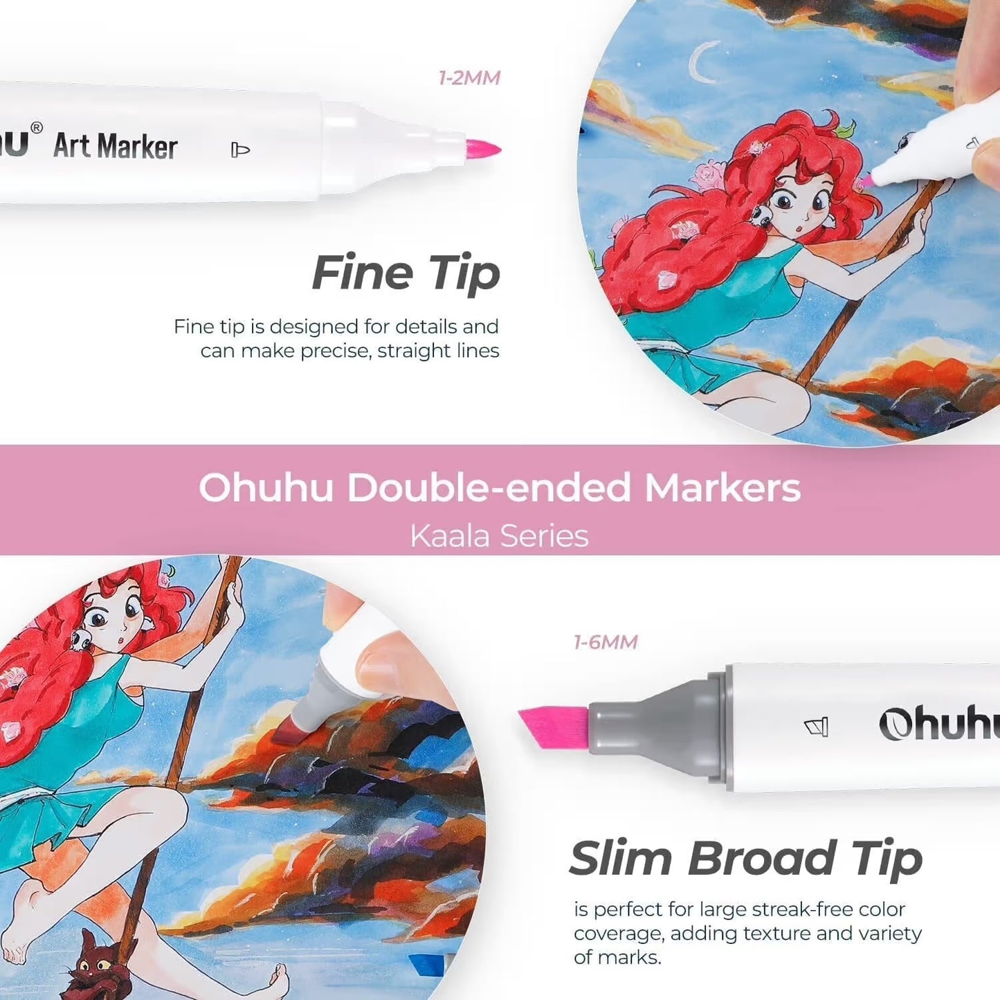 PRE-ORDER - Ohuhu Kaala Alcohol based Art markers – Slim Broad & Fine – set van 60 illustration tones