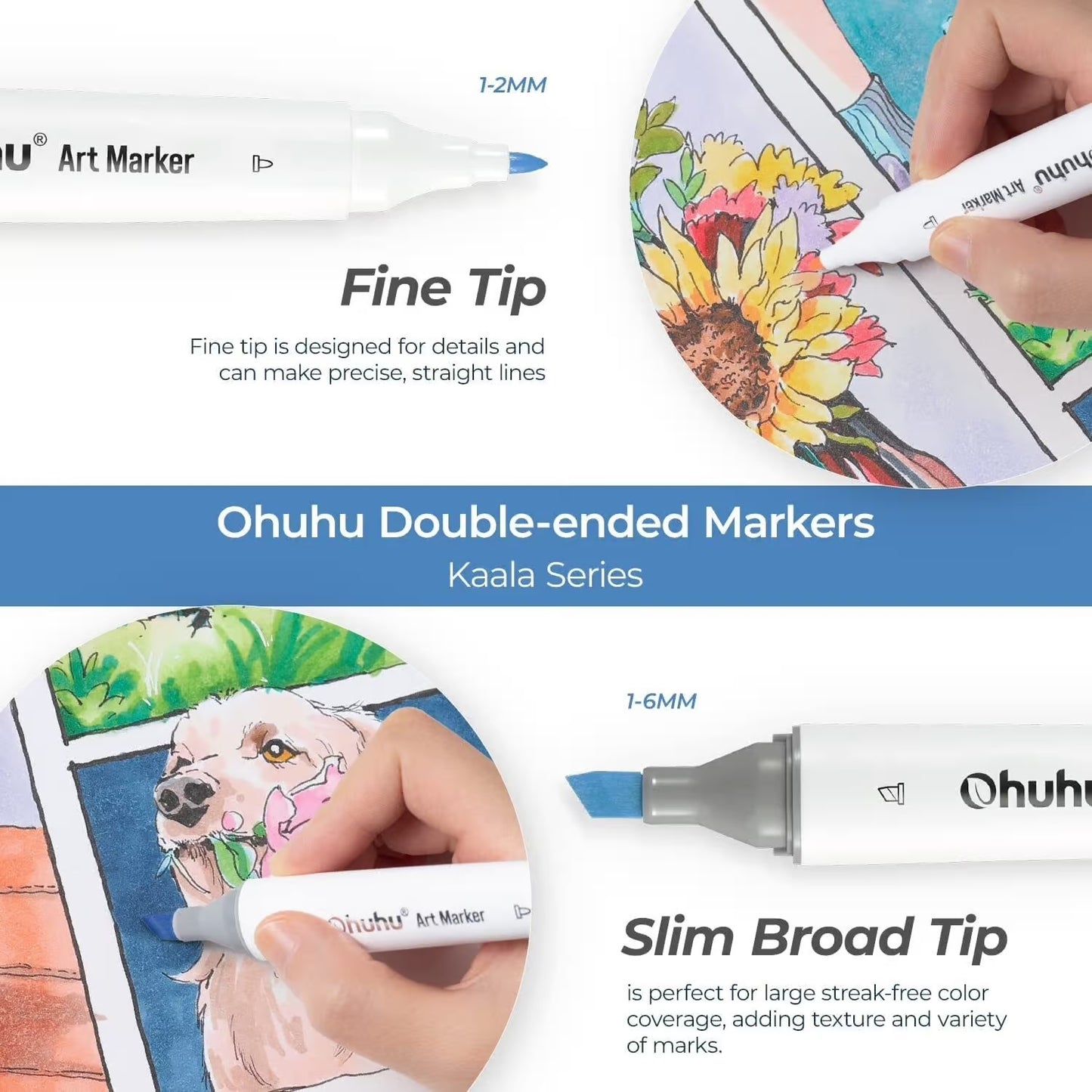 PRE-ORDER - Ohuhu Kaala Alcohol based Art markers – Slim Broad & Fine – set van 24 basic tones