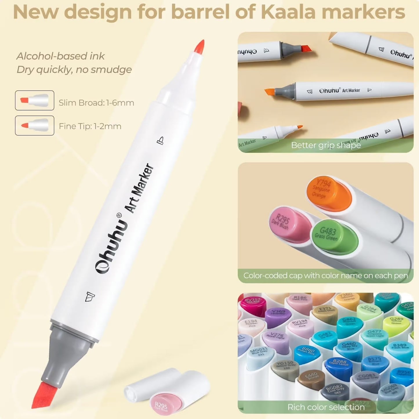 PRE-ORDER - Ohuhu Kaala Alcohol based Art markers – Slim Broad & Fine – set van 24 basic tones