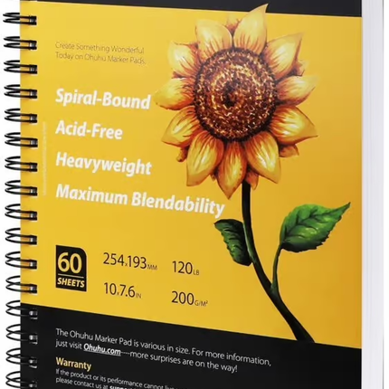 Ohuhu Bloc spiralé de papier marqueur alcoolisé 25,4 x 19,3 cm - 200 grammes - 60 feuilles