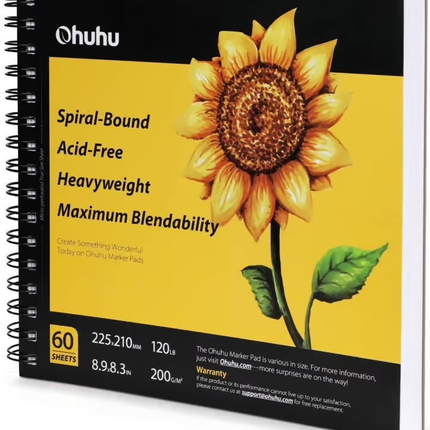 Ohuhu Alcohol marker papier spiraalblok 22,5 x 21cm- 200 grams – 60 vellen