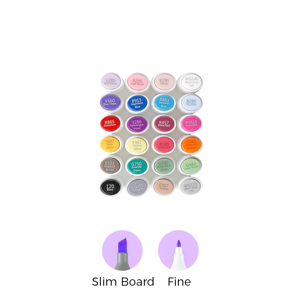 PRE-ORDER - Ohuhu Kaala Alcohol based Art markers – Slim Broad & Fine – set van 24 basic tones