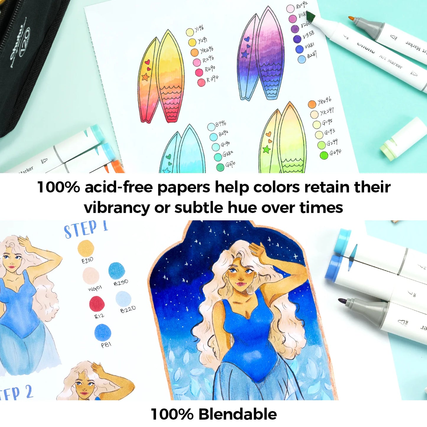 PRE ORDER - Ohuhu Marker Pads Art SketchbookOhuhu Bleedproof dubbelzijdig Alcohol marker papier pad 22,9 x 30,5 cm – 60 vellen lijm gebonden